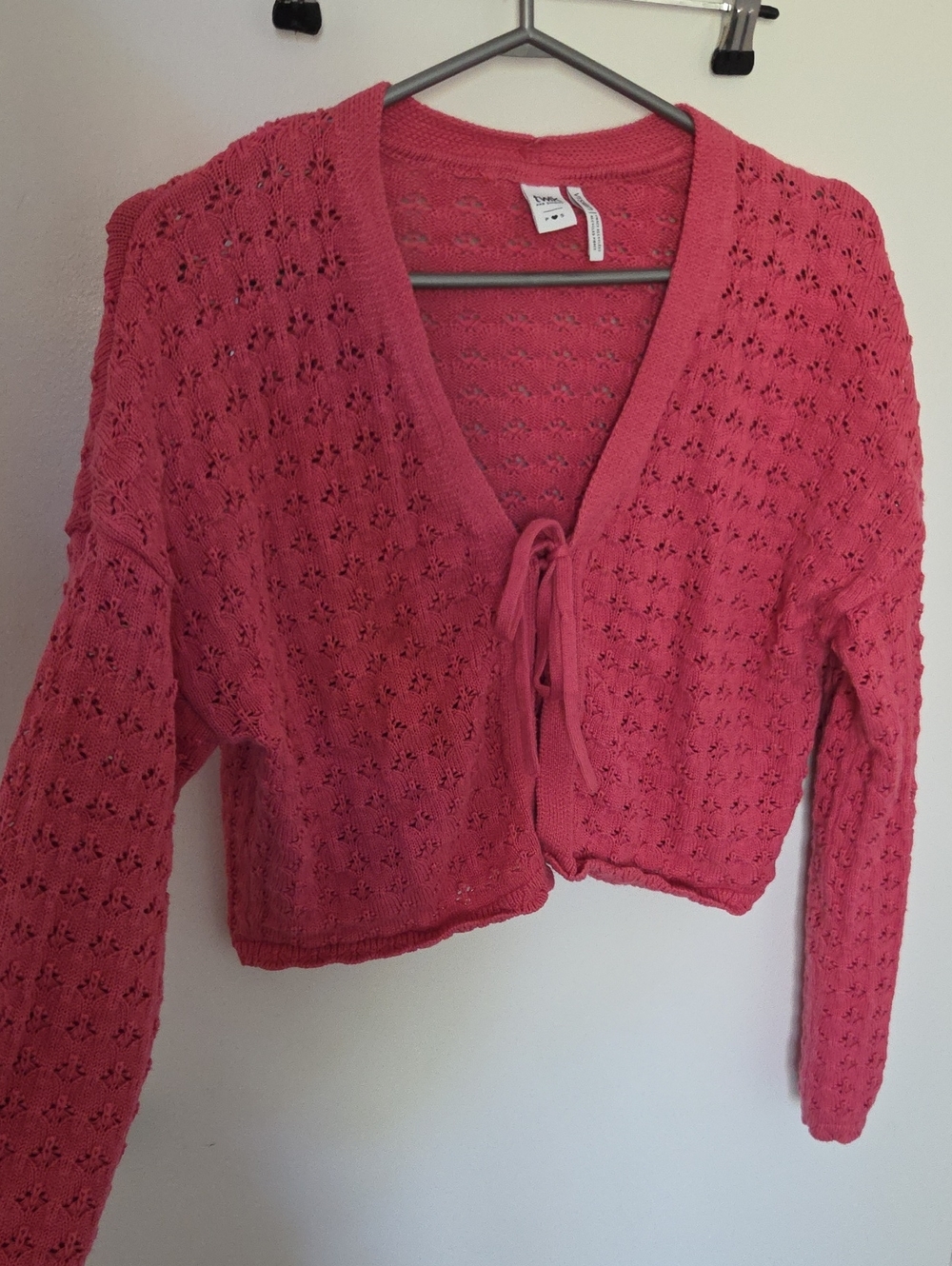 100% Cotton Simons Crocheted Tie-Front Cardigan Sweater - Pink